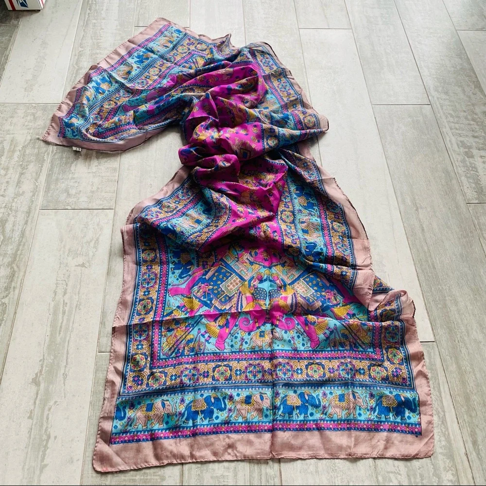 Vintage Genuine Pure Silk Paisley Rainbow Rolled Hem Long Rectangular Men